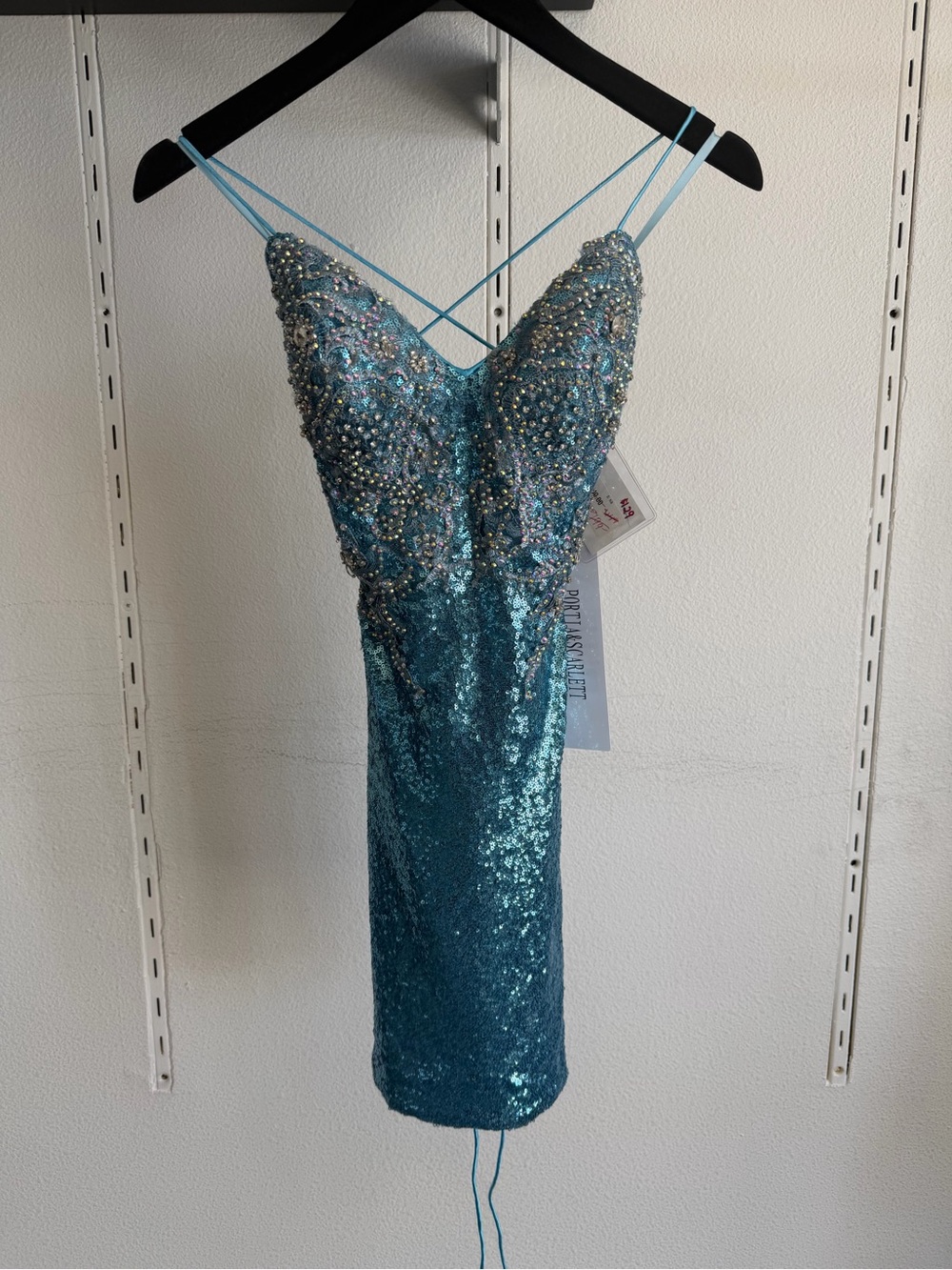 Portia and Scarlett Aqua Sequin Beaded Spaghetti Strap Dress